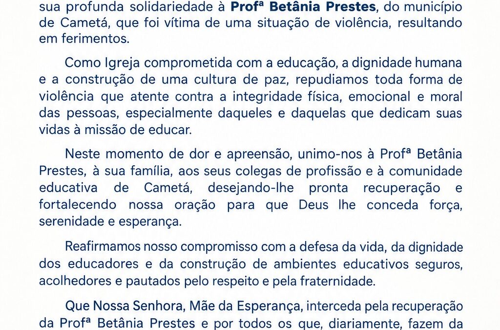 CNBB Regional Norte 2 divulga Nota de Solidariedade à Professora Betânia Prestes