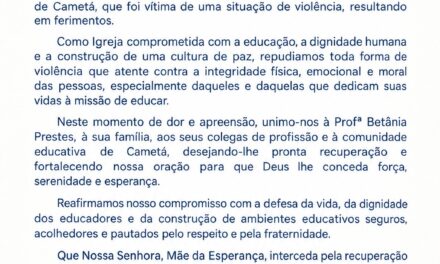 CNBB Regional Norte 2 divulga Nota de Solidariedade à Professora Betânia Prestes